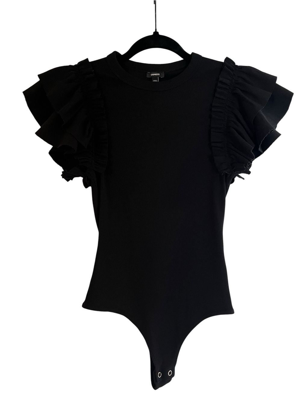 Express Black Feminine Ribbed Bodysuit with Dramatic Tiered Ruffle Sleeves- S